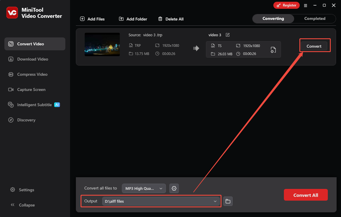 MiniTool Video Converter interface with the Output option and the Convert button selected.