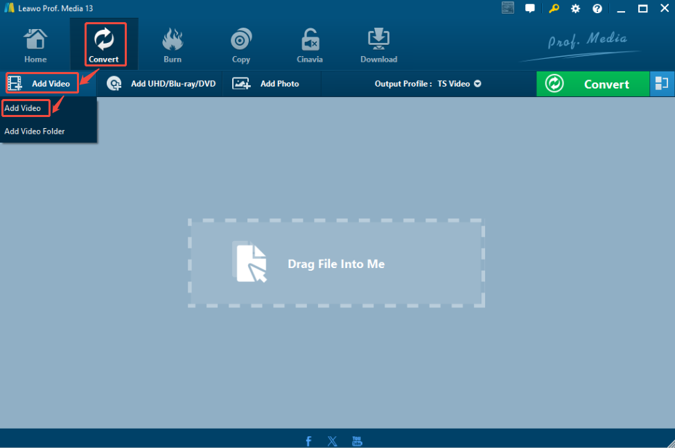 Leawo Video Converter interface with the Add Video option selected to import the TRP video.