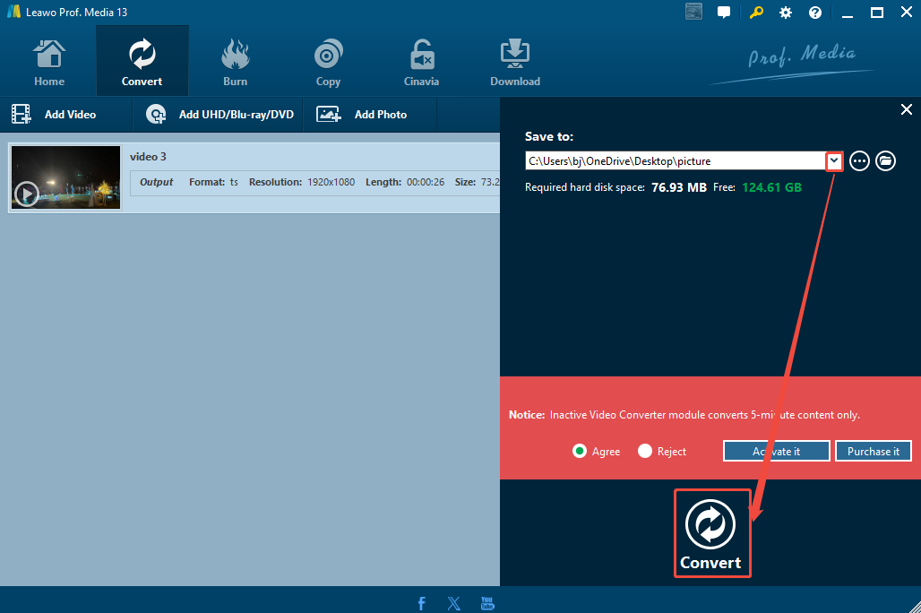 Leawo Video Converter interface with the Save to option and the Convert button selected in the Conversion option.