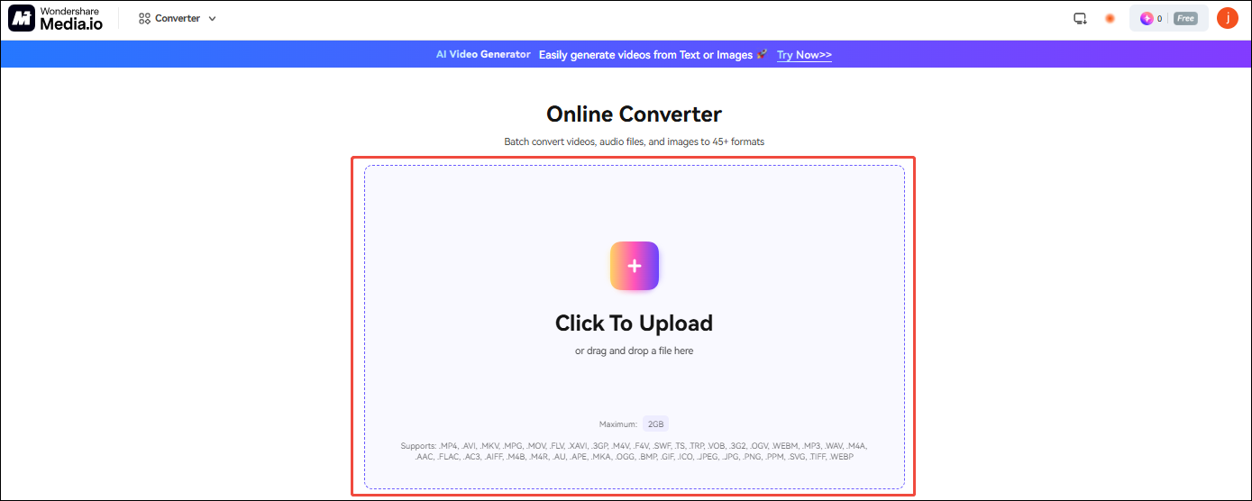 Media.io interface with the Click To Upload region selected.