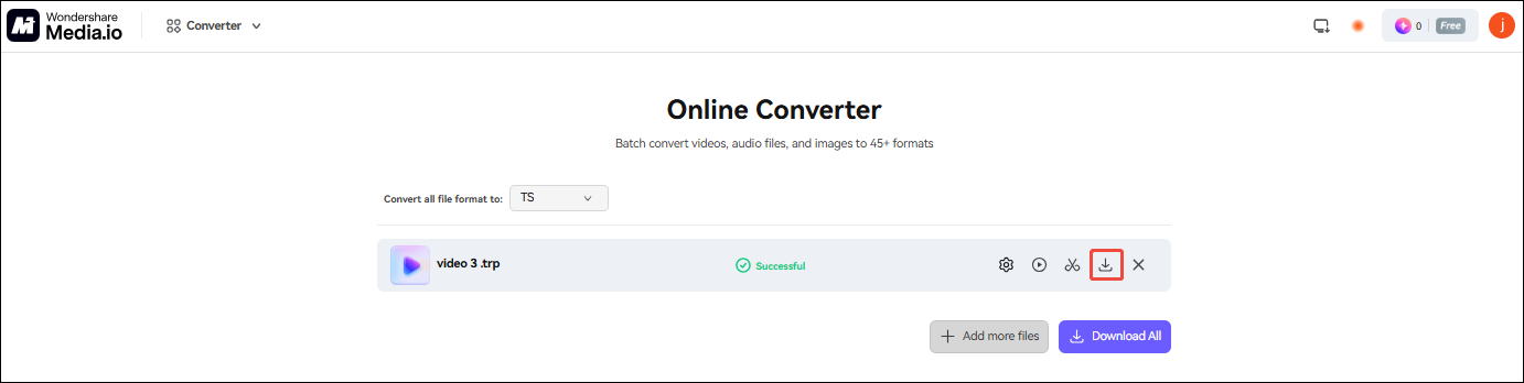 Media.io interface with the download icon selected.