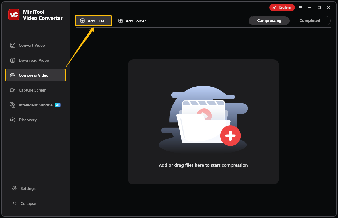 MiniTool Video Converter’s Compress Video interface with the Add Files option selected.