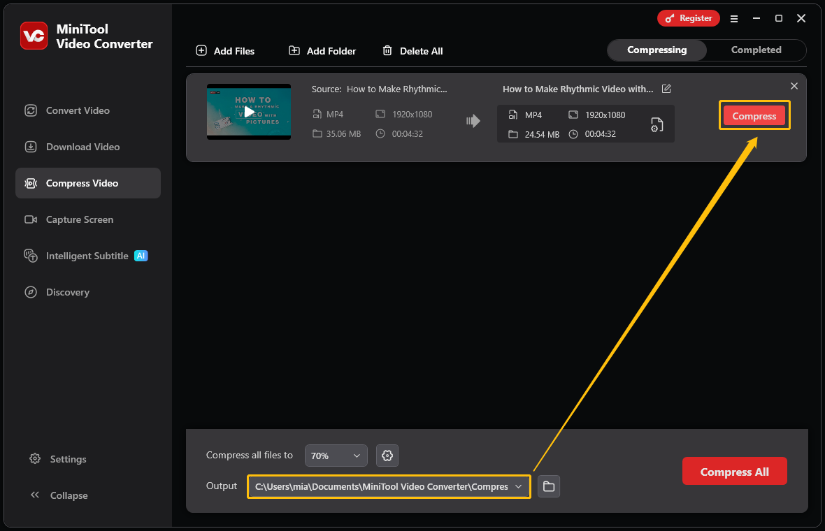 MiniTool Video Converter’s Compress Video interface showing how to set the output folder and start compression.