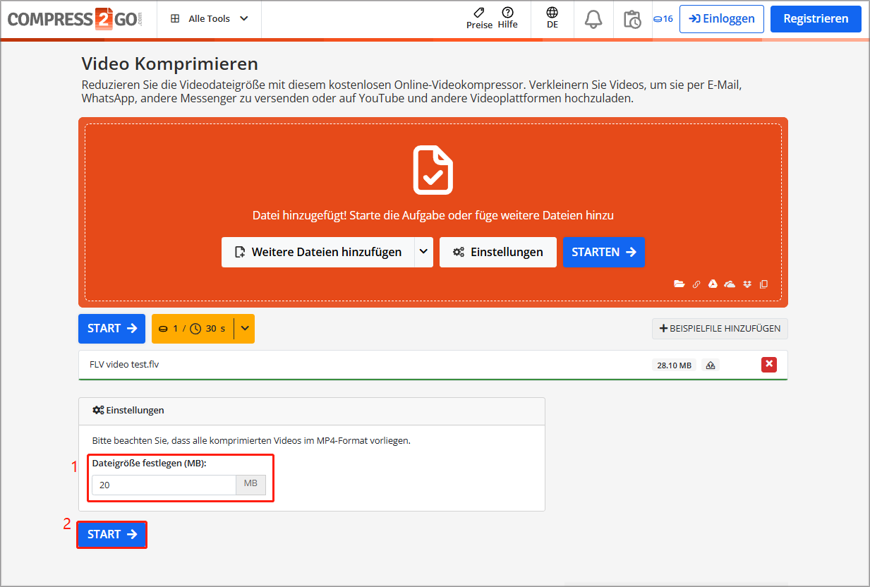 Ein Screenshot zum Festlegen der Videogröße und Starten der Komprimierung mit Online File Compressor.