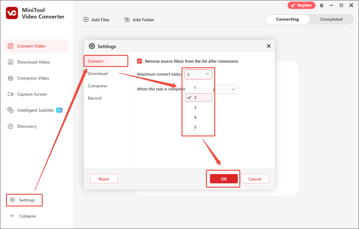 MiniTool Video Converter interface that shows how to customize the maximum conversion tasks.