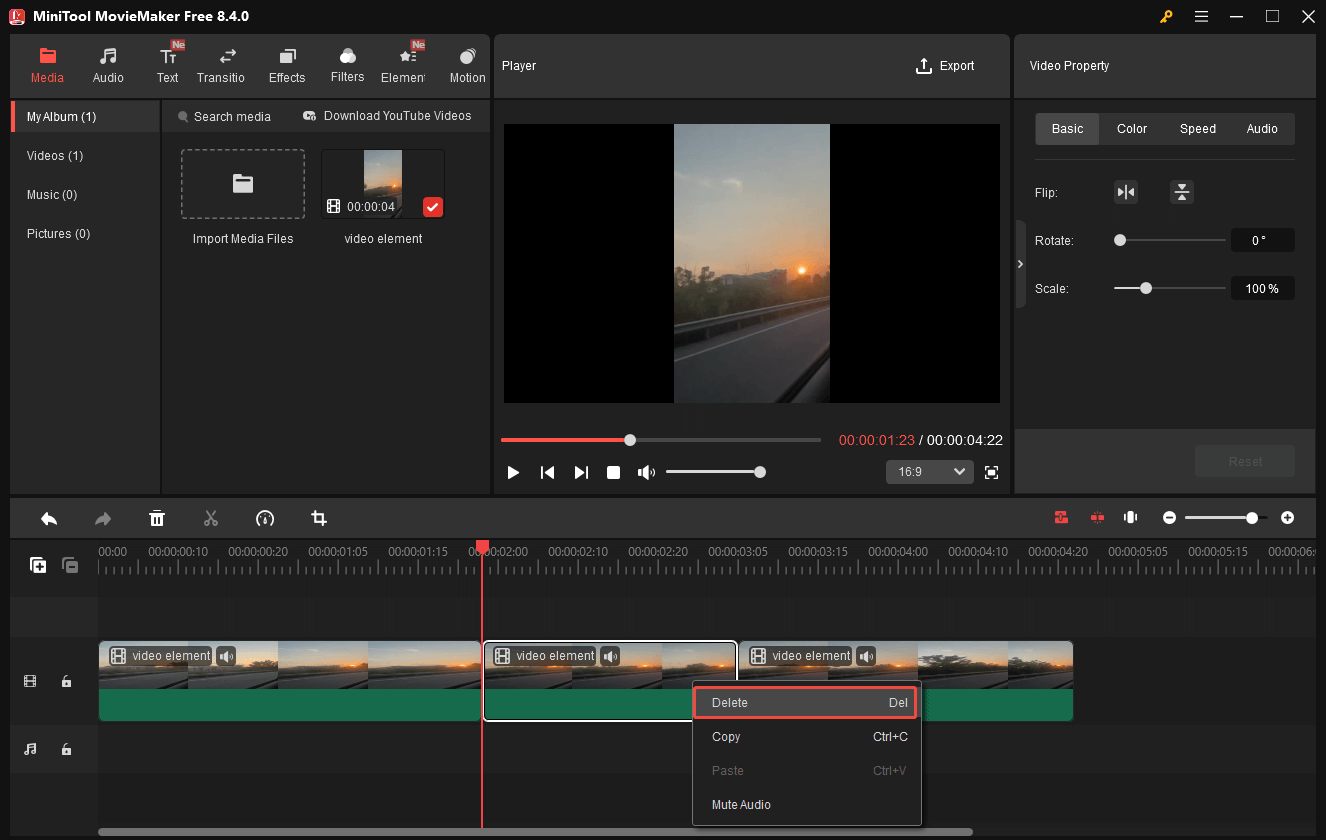 MiniTool MovieMaker interface that shows how to remove a video clip.