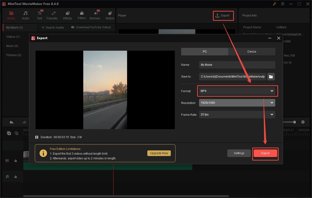 MiniTool MovieMaker Export window that shows how to select MP4 as the output format and save the edited video.