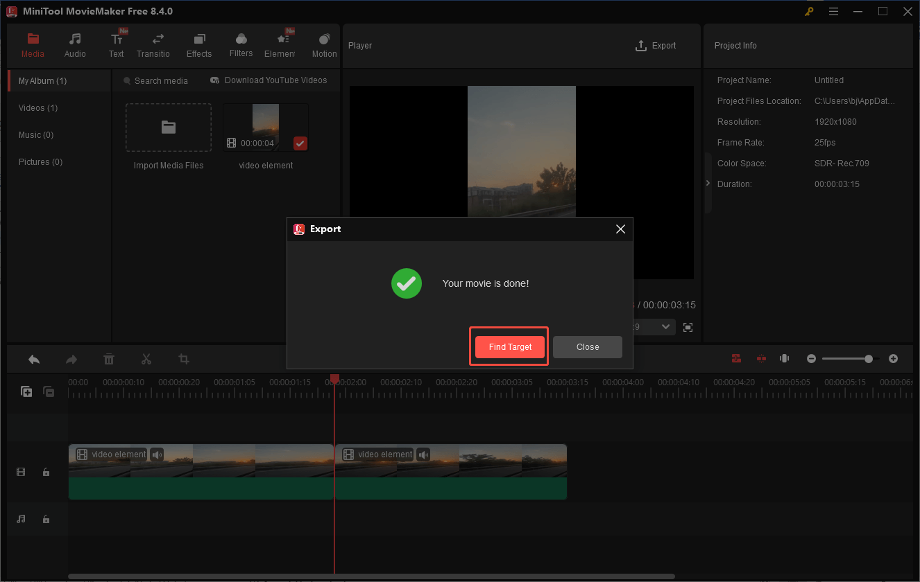MiniTool MovieMaker interface with the Find Target button selected in the Export popup to locate the output video.