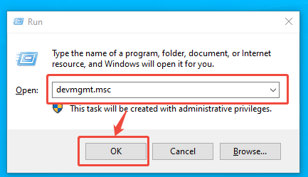 Windows Run window with devmgmt.msc typed and the OK button selected.