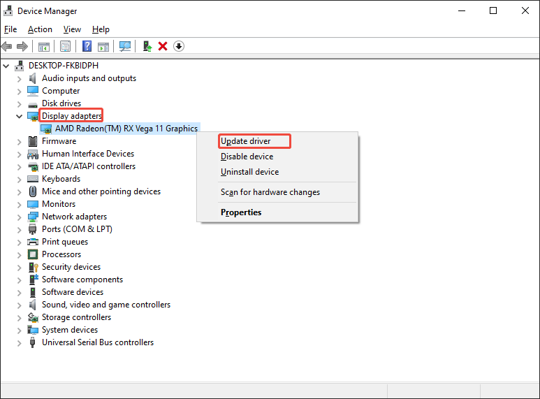 The Device Manager window that shows how to enter the driver updating interface.
