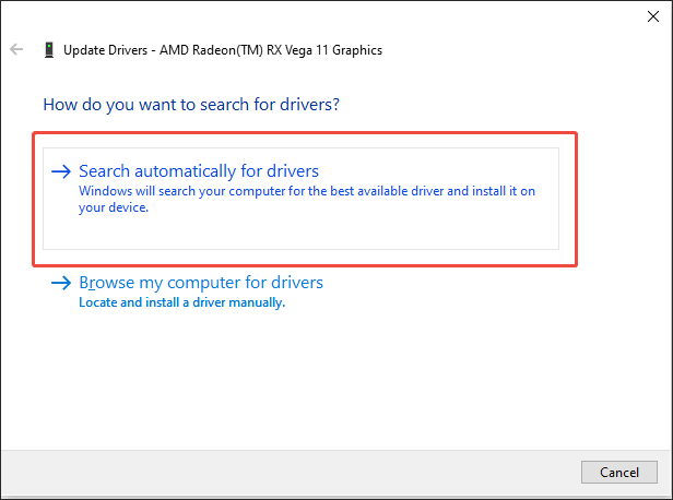 The Device Managers interface with the Search automatically for drivers option selected.