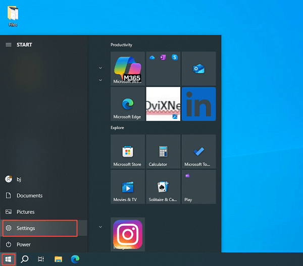 Windows homepage with the Start menu expanded and the Settings option selected.