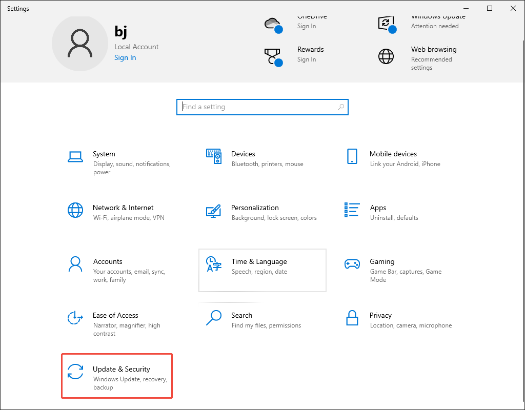 The Windows Settings window with the Update and Security option chosen.