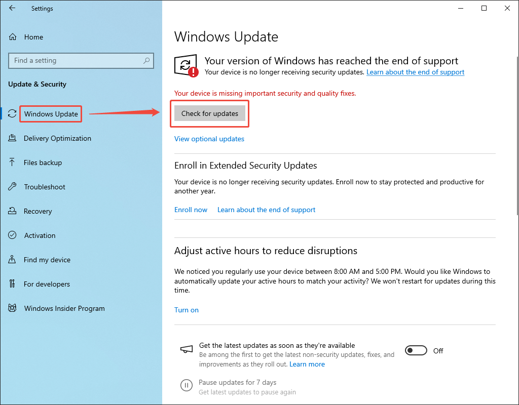 The Windows Settings window with the Check for updates option selected under the Windows Update section.
