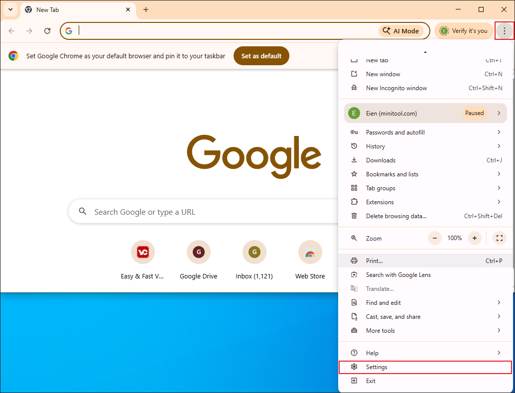Google Chrome interface that shows how to expand the option menu and enter the Settings interface.