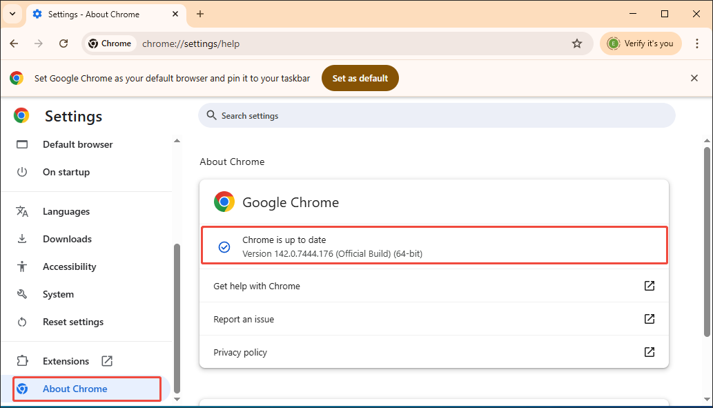Google Chrome Settings interface with the Chrome update and version info displayed in the About Chrome tab.