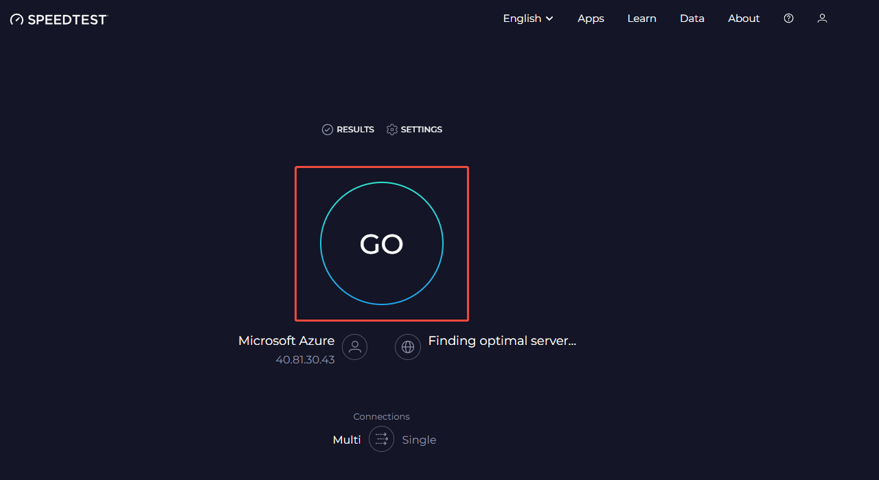 Speedtest by Ookla interface with the GO button selected to start the test process.
