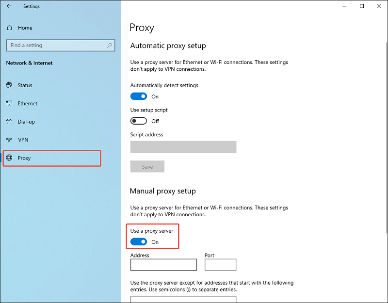 Windows Settings window that shows how to turn on the proxy.