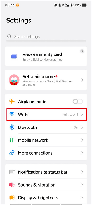 The Settings app interface with the Wi-Fi option selected.