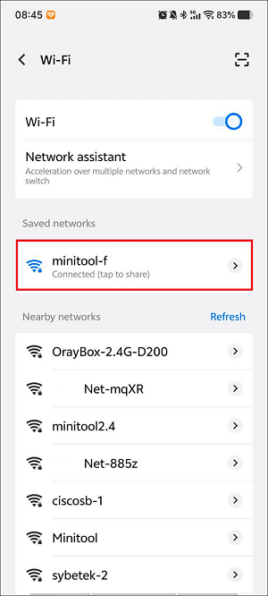 The Settings app interface with the Wi-Fi network connected.