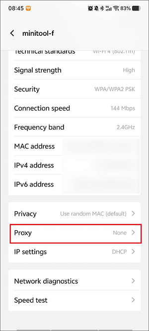 The Settings interface with the Proxy option selected.