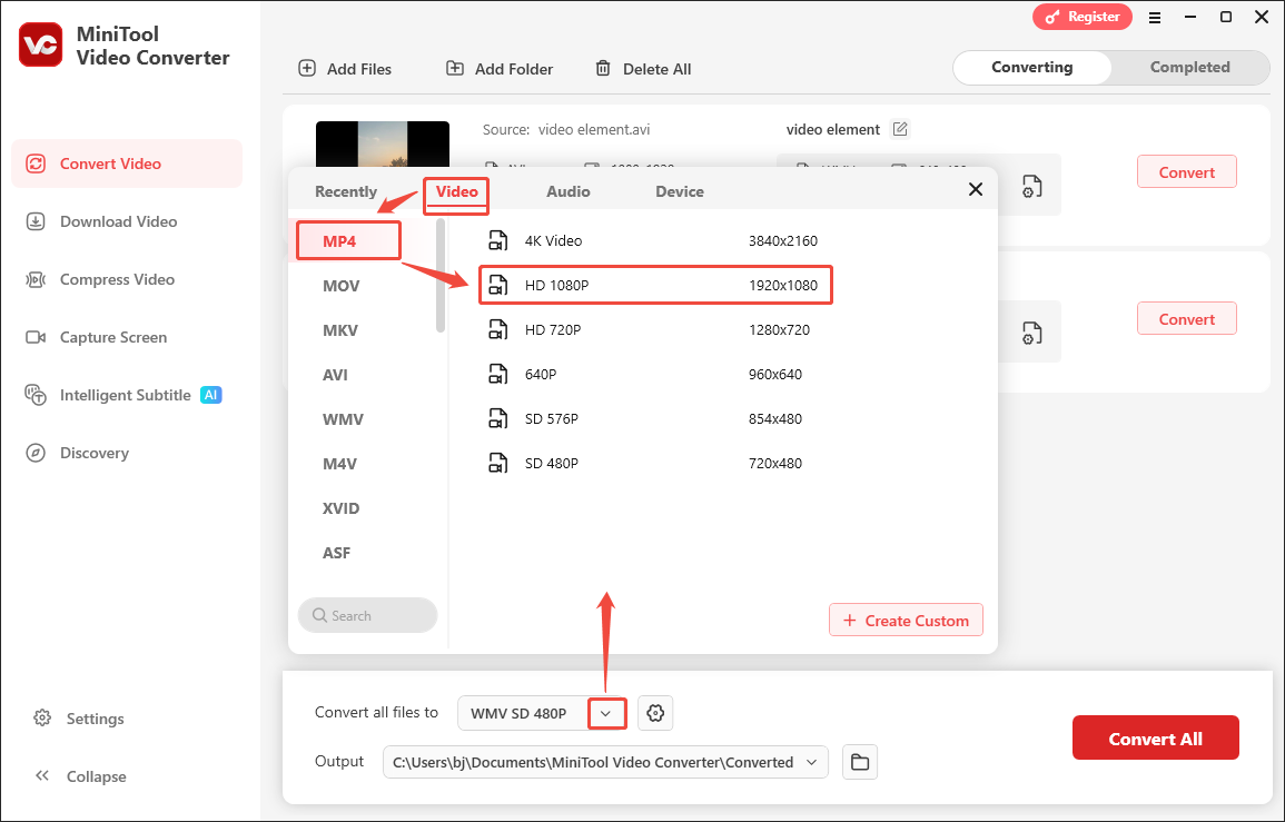 MiniTool Video Converter interface that shows how to set output format as MP4 HD 1080P.