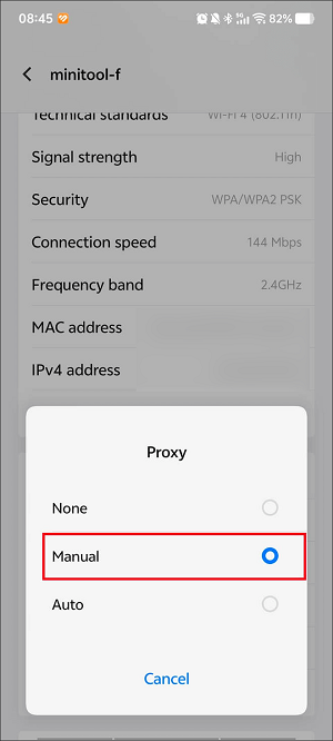 The Settings interface with the Proxy option selected.
