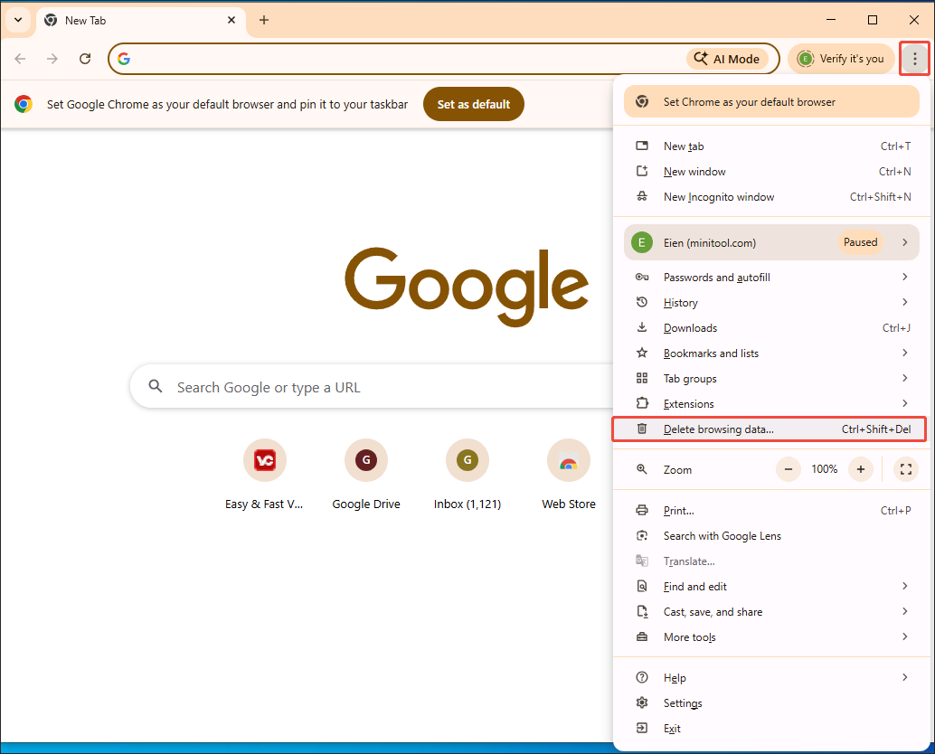 Google Chrome interface with the More icon expanded, and the Delete browsing data option chosen.