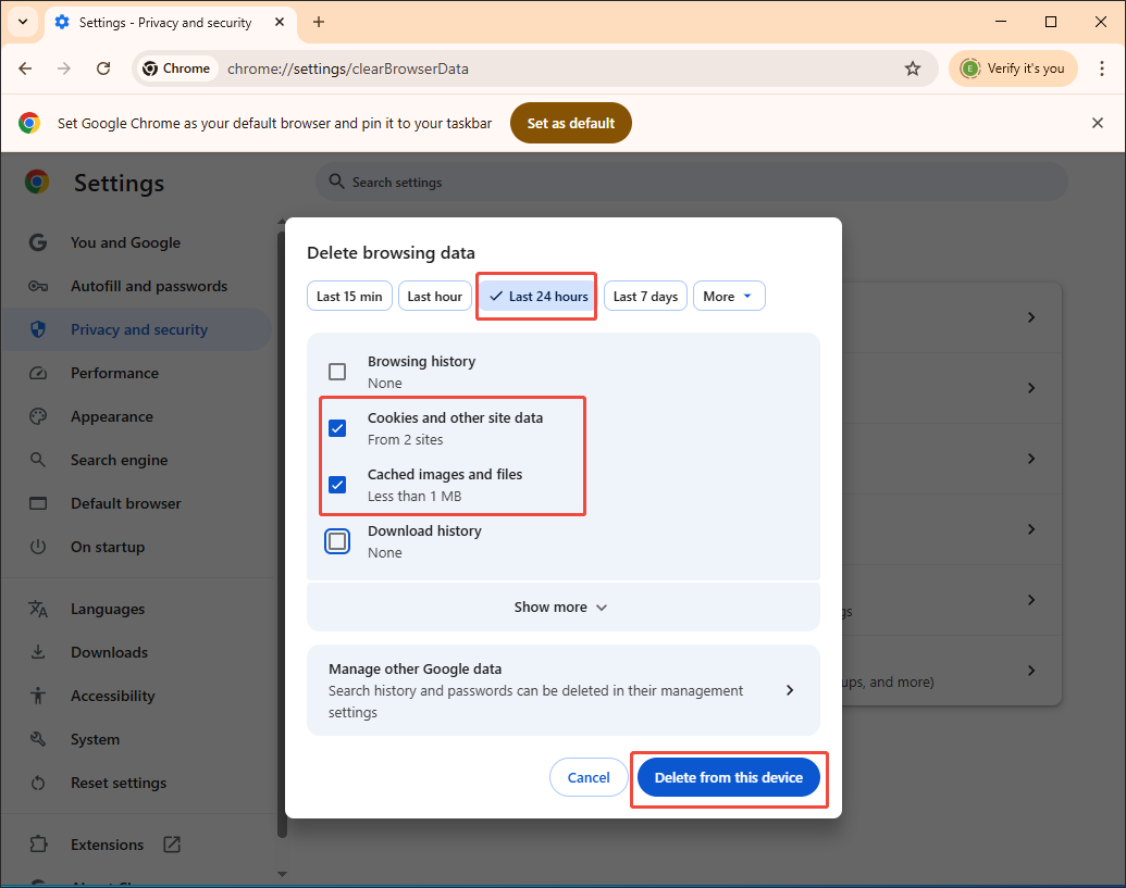 Delete browsing data window of Google Chrome that shows how to clear the cache and cookies of the last 24 hours.