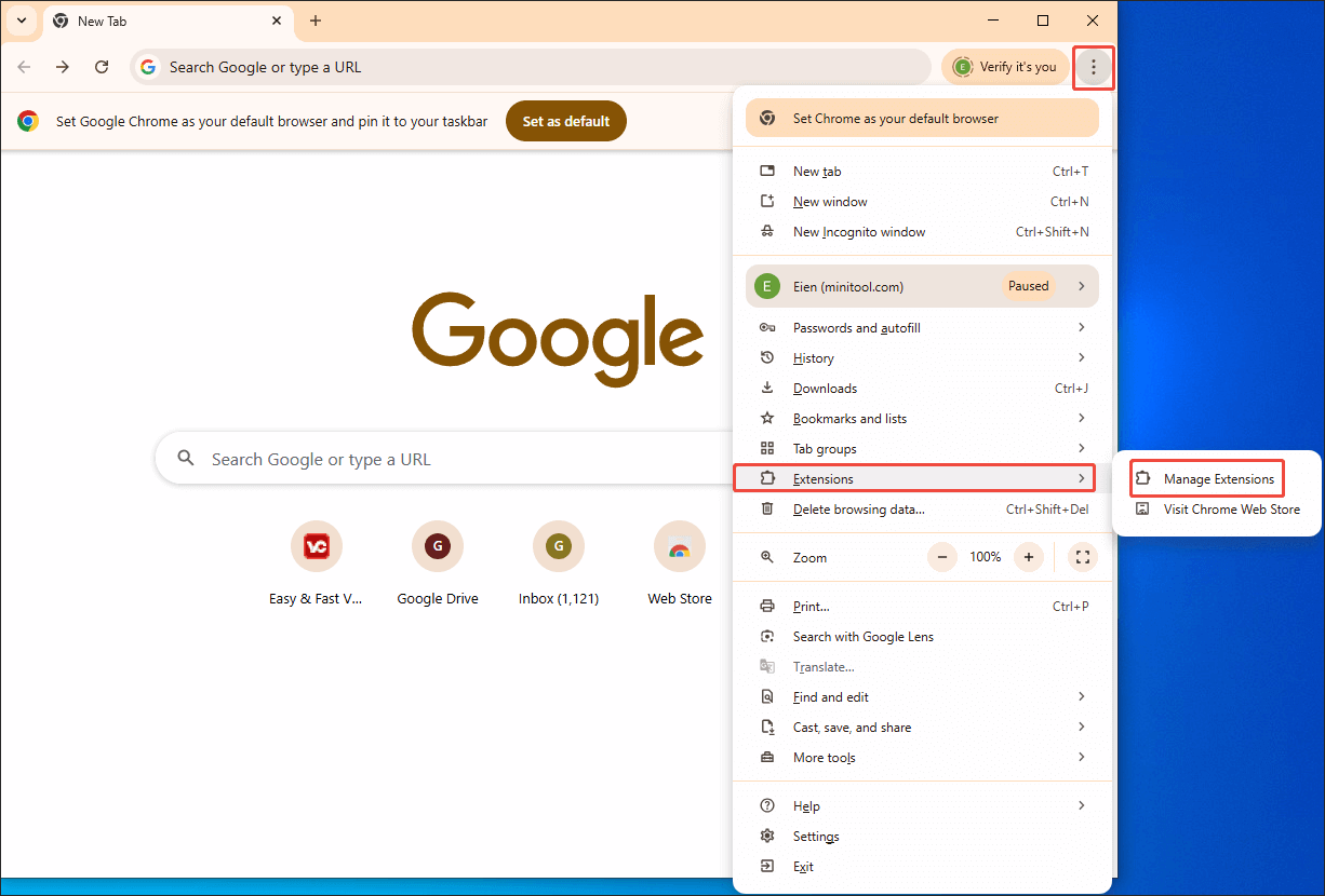 Google Chrome interface that shows how to access the Extension module.