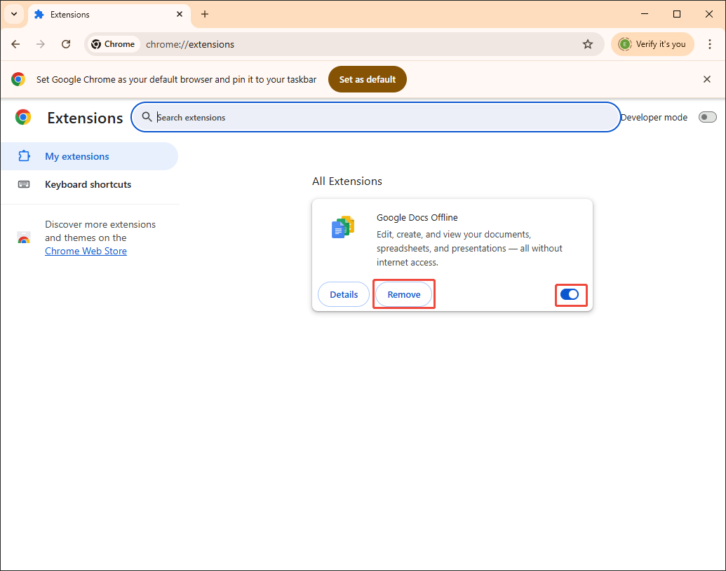Google Chrome interface that shows you how to turn off or remove the extensions.