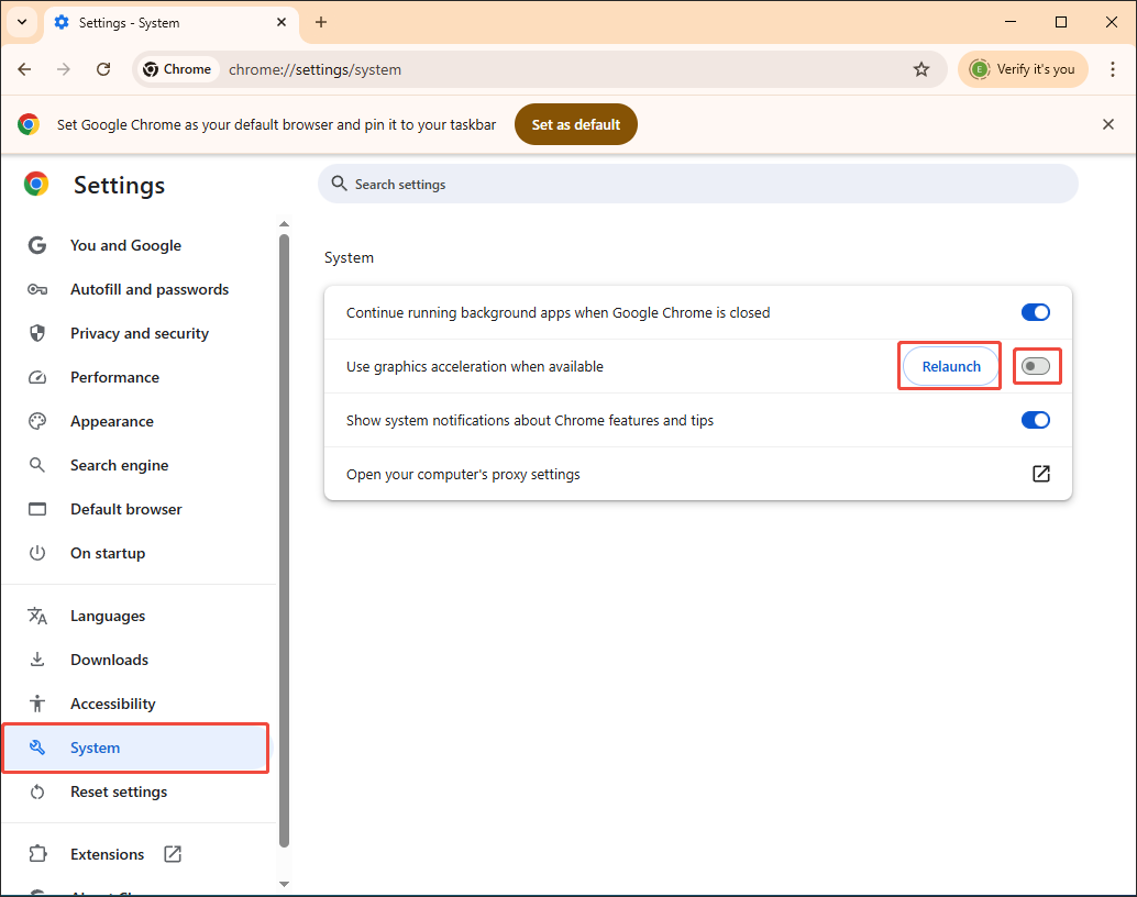 The Settings page of Google Chrome that shows how to disable the hardware acceleration.