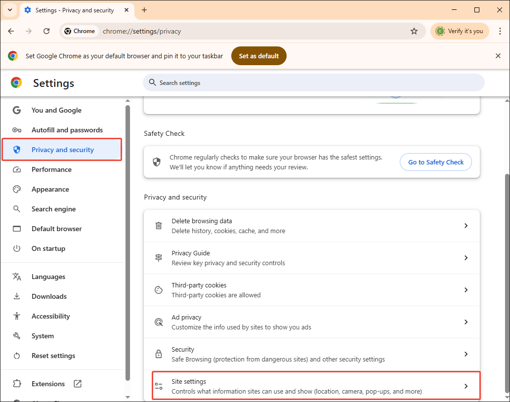 The Settings page of Google Chrome with the Site settings option selected under the Privacy and security tab.