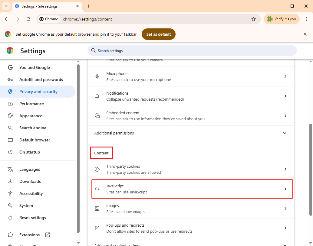The Settings page of Google Chrome with the JavaScript option selected under the Content section.