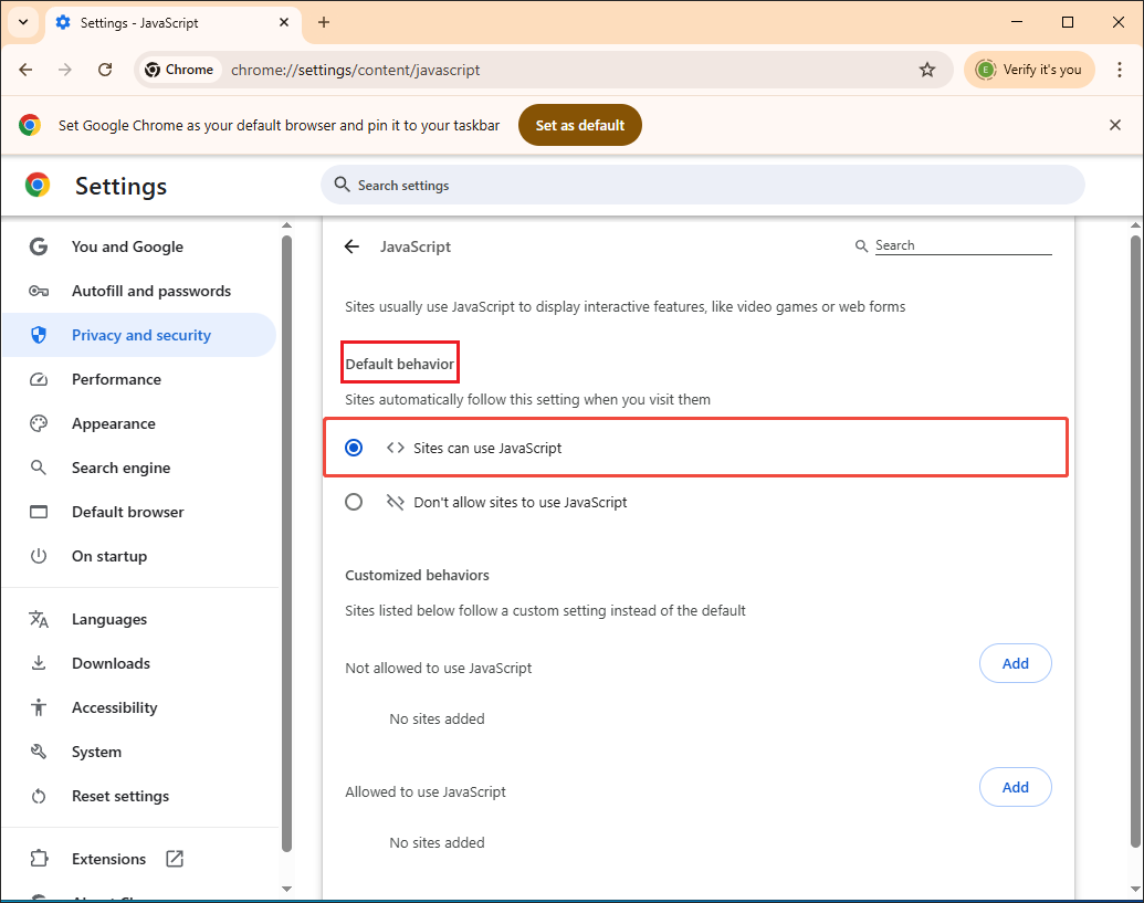 The Settings page of Google Chrome with the Sites can use JavaScript option selected under the Default behavior section.