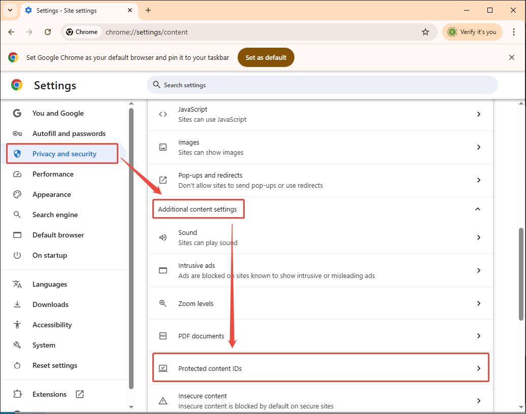 The Settings interface of Google Chrome that shows how to access the Protected content IDs panel.