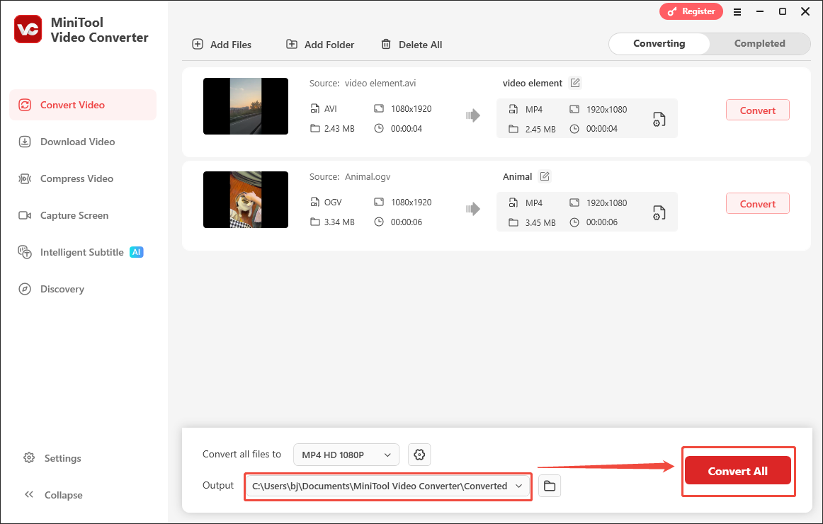 MiniTool Video Converter interface that shows how to choose a destination folder and start the conversion process.