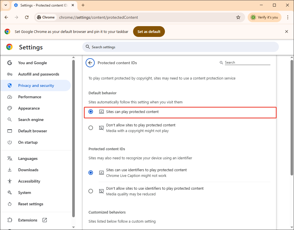 The Settings page of Google Chrome that shows how to enable the Sites can play protected content option.