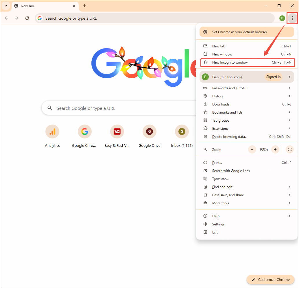 Chrome interface with the More icon selected and the New Incognito window option chosen.