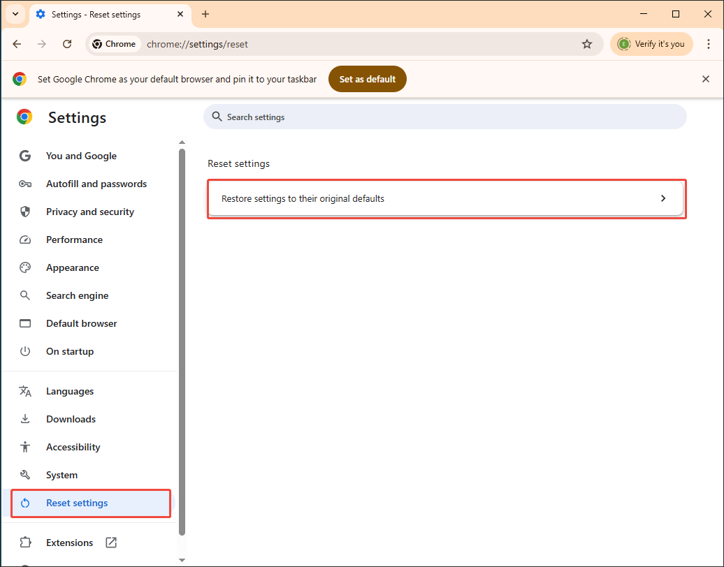 The Settings page of Google Chrome that shows how to enter the Reset settings module.