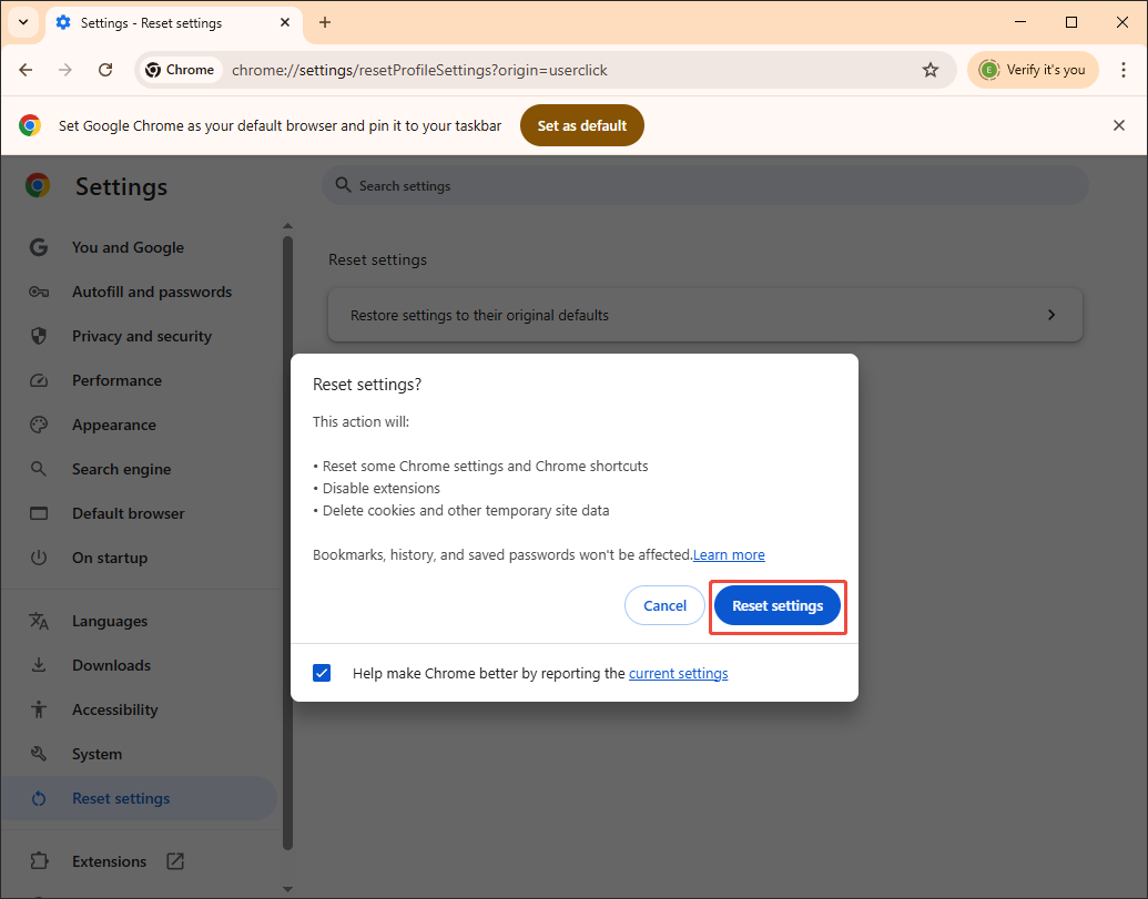The Settings page of Google Chrome with the Reset settings button selected in the Reset settings window.