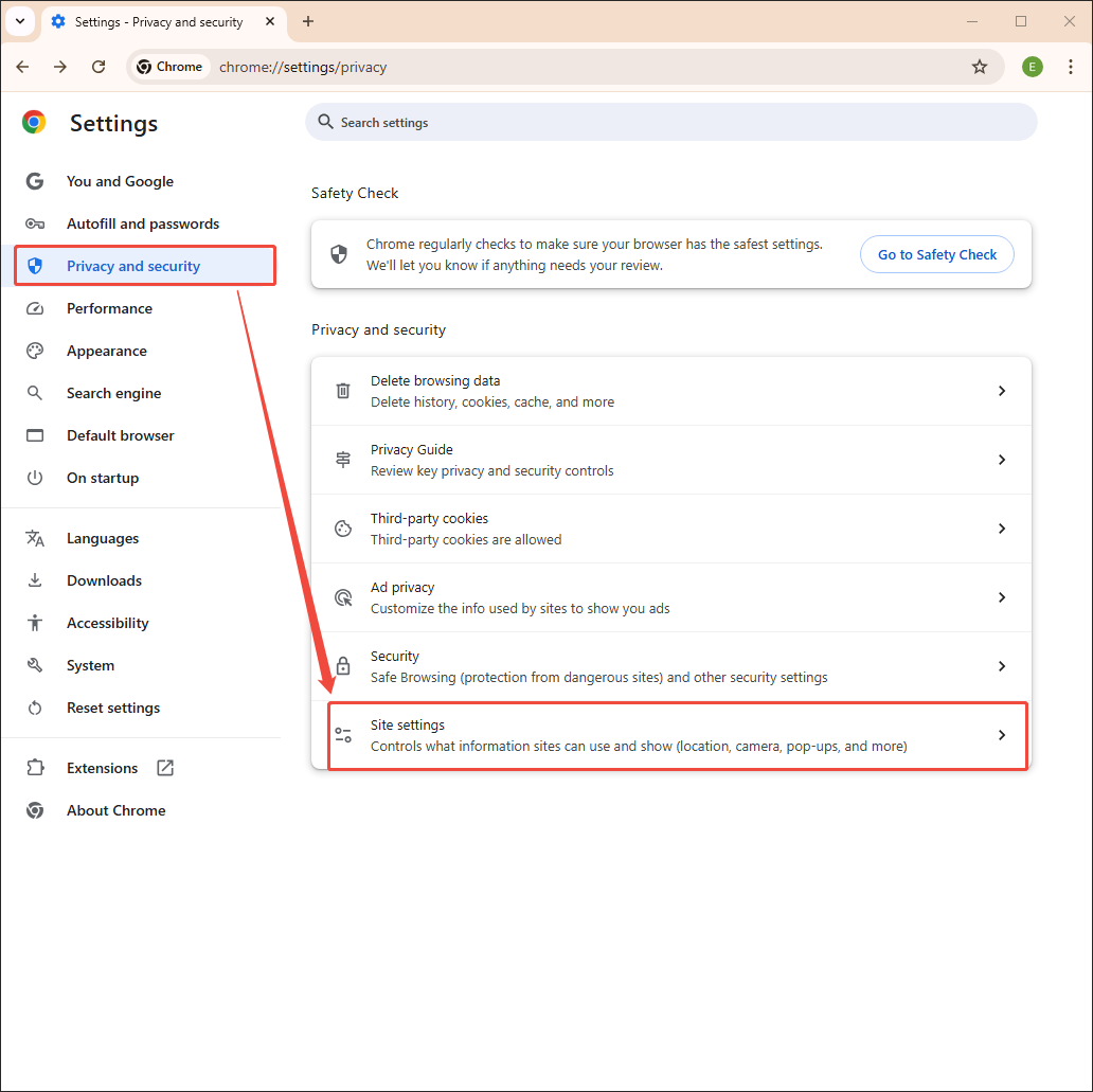 Chrome Settings interface with the Site settings option selected under the Privacy and security.