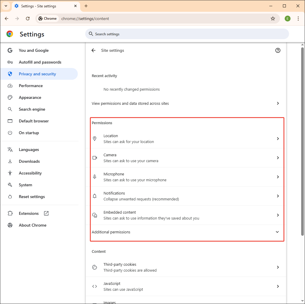 The Permissions section of the Chrome Settings page.