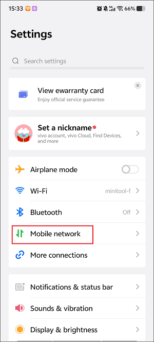 The Settings app interface with the Mobile network option selected.