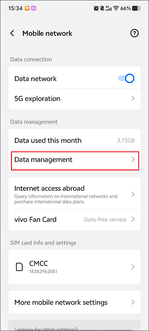 The Settings app interface with the Data management option selected.
