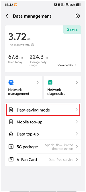 The Settings app interface with Data-saving mode selected.