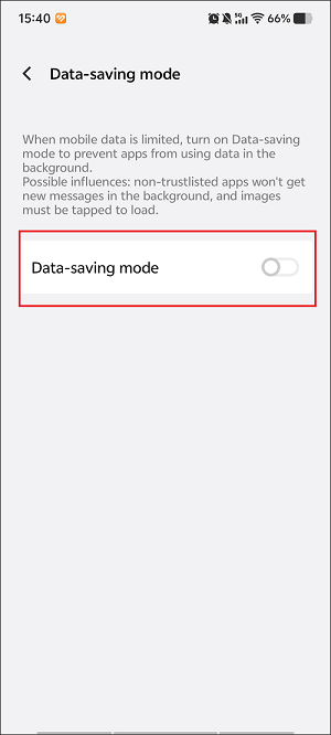 The Settings app with the Data-saving mode option turned off.