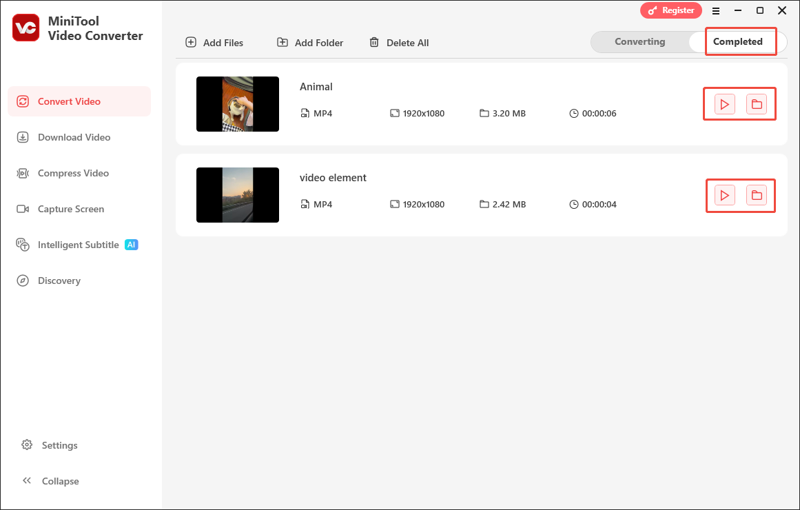 MiniTool Video Converter interface with the Play icon or the Folder icon clicked to view or locate the output videos.