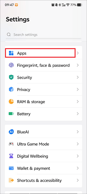 The Settings app interface with the Apps option selected.