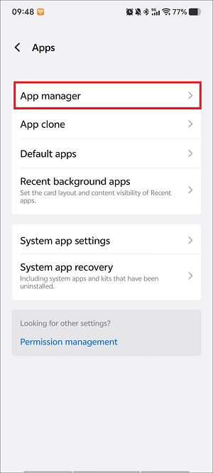 The Settings app interface with the App manager option selected.